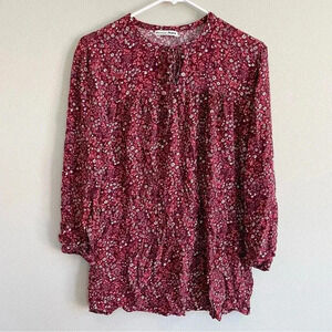 Reformation Floral Tunic Top Red Maroon Blouse Long Sleeve Tie Neck Shirt S